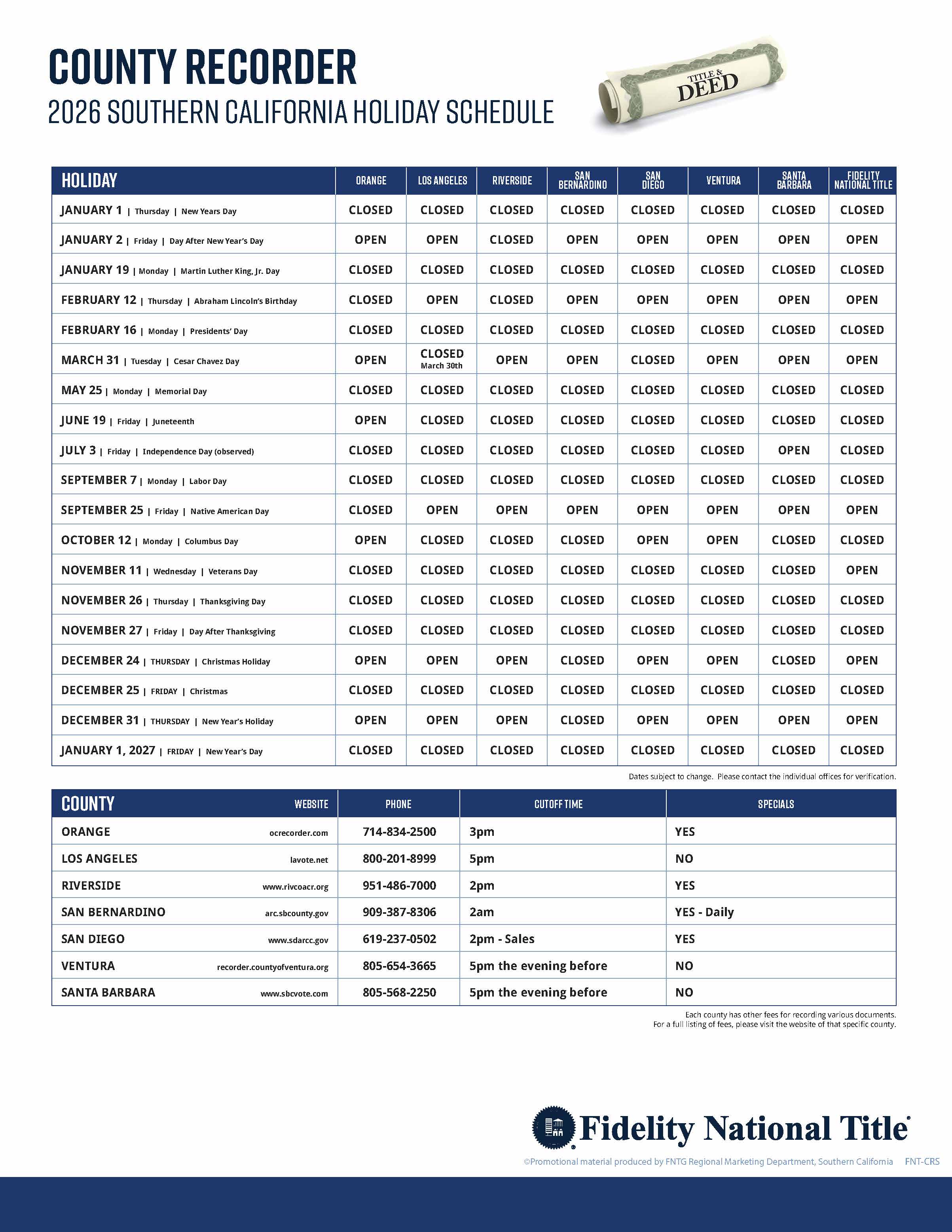 2026 County Recorder Holidays